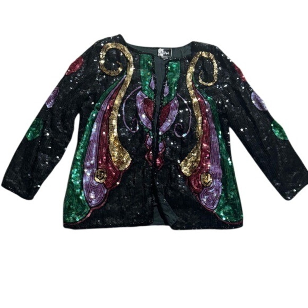 VTG Carina Sequin Embellished Open Blazer Jacket Colorful Wearable Art Retro Y2k